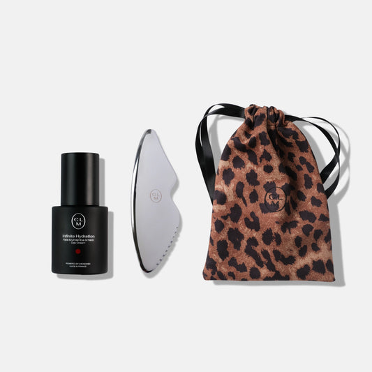 CLM Infinite Hydration veido, paakių ir kaklo kremo, gua sha ir maišelio rinkinys
